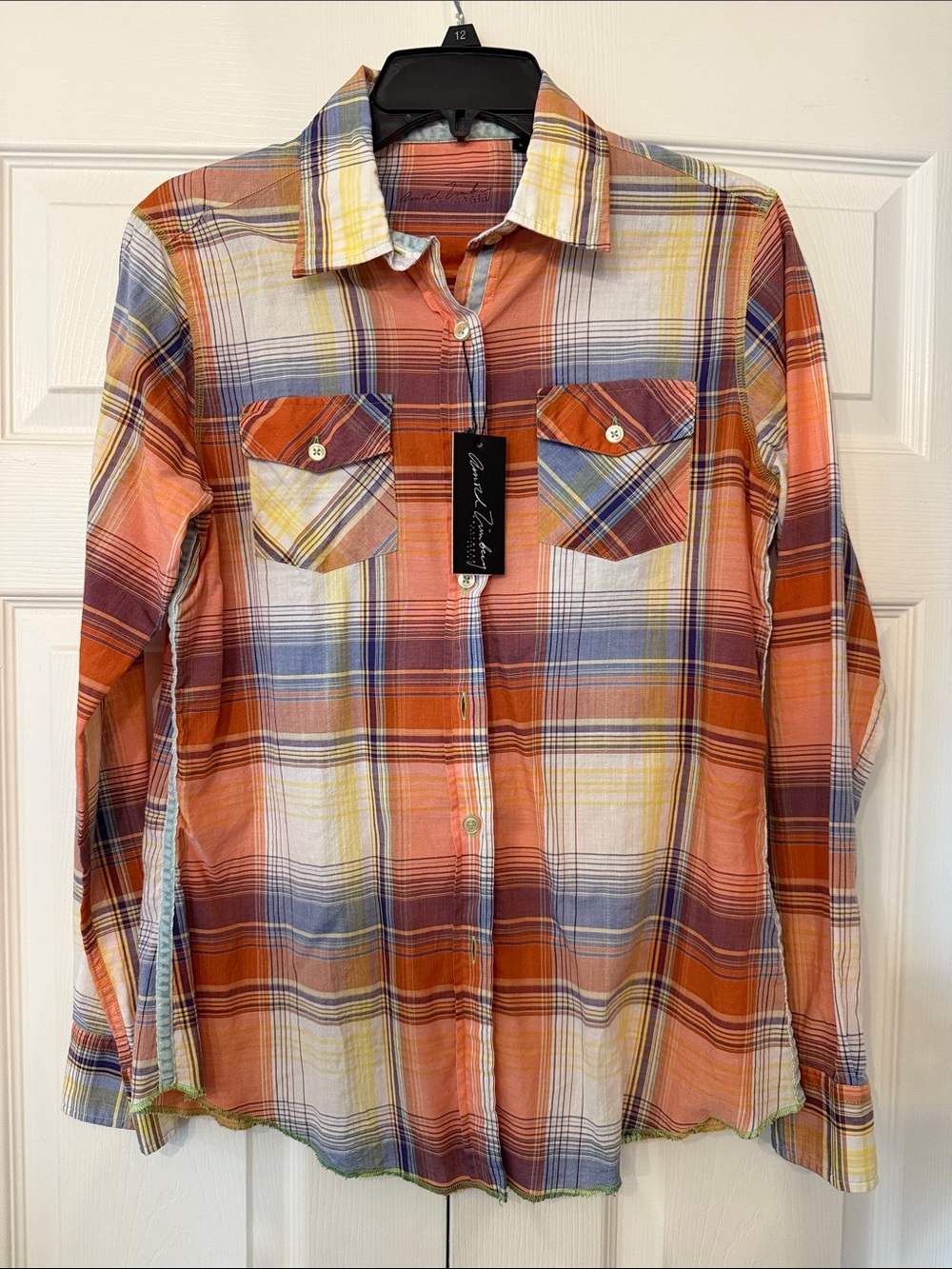 ARNOLD ZIMBERG Women's Button Down Plaid Blue Orange Shirt in Sz L - NWT!